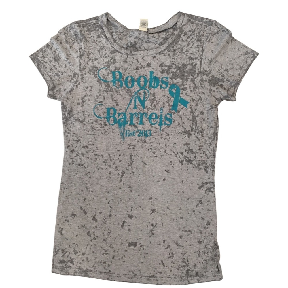Kavio Boobs & Barrels Breast Cancer Awareness Burnout T-Shirt Grey Teal Small
